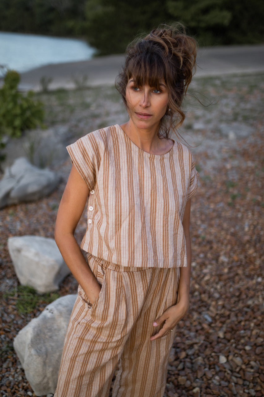 Katie Handwoven Cotton Set in Mustard and Cream Stripe - S and M Pants Left