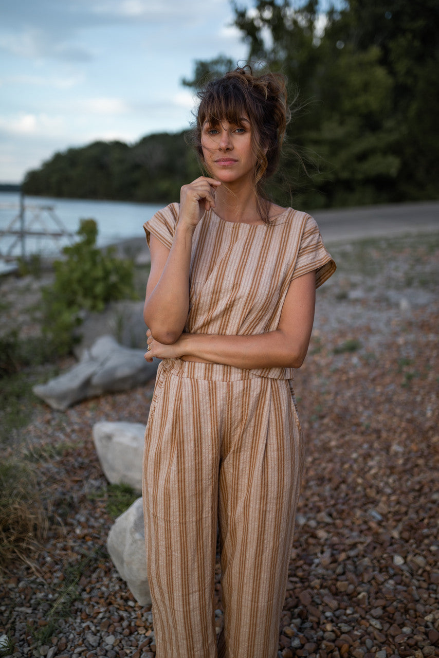 Katie Handwoven Cotton Set in Mustard and Cream Stripe - S and M Pants Left