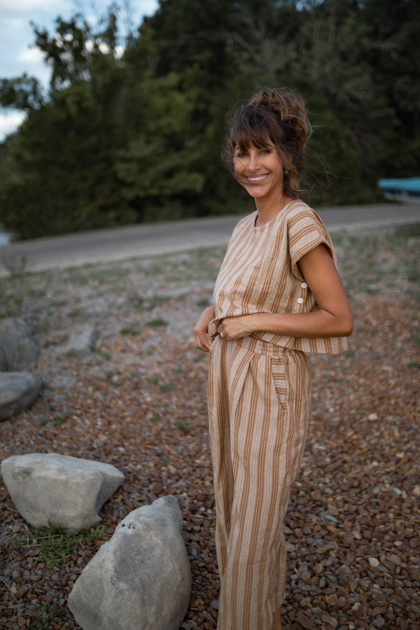 Katie Handwoven Cotton Set in Mustard and Cream Stripe - S and M Pants Left