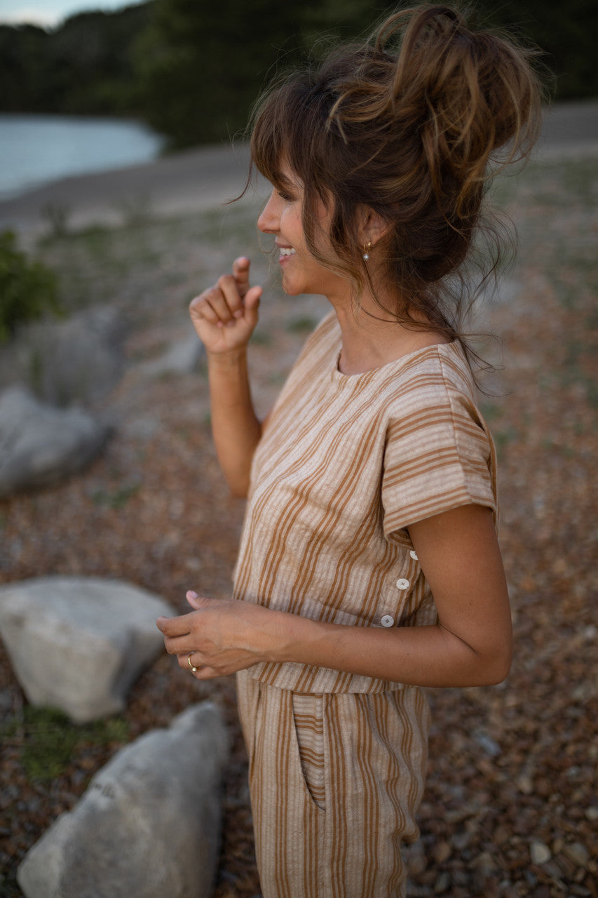 Katie Handwoven Cotton Set in Mustard and Cream Stripe - S and M Pants Left