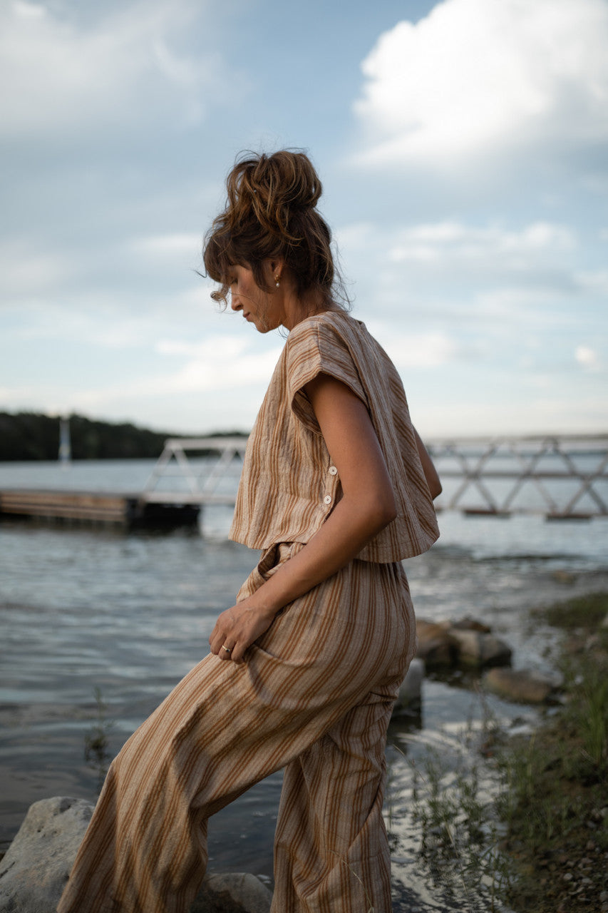 Katie Handwoven Cotton Set in Mustard and Cream Stripe - S and M Pants Left