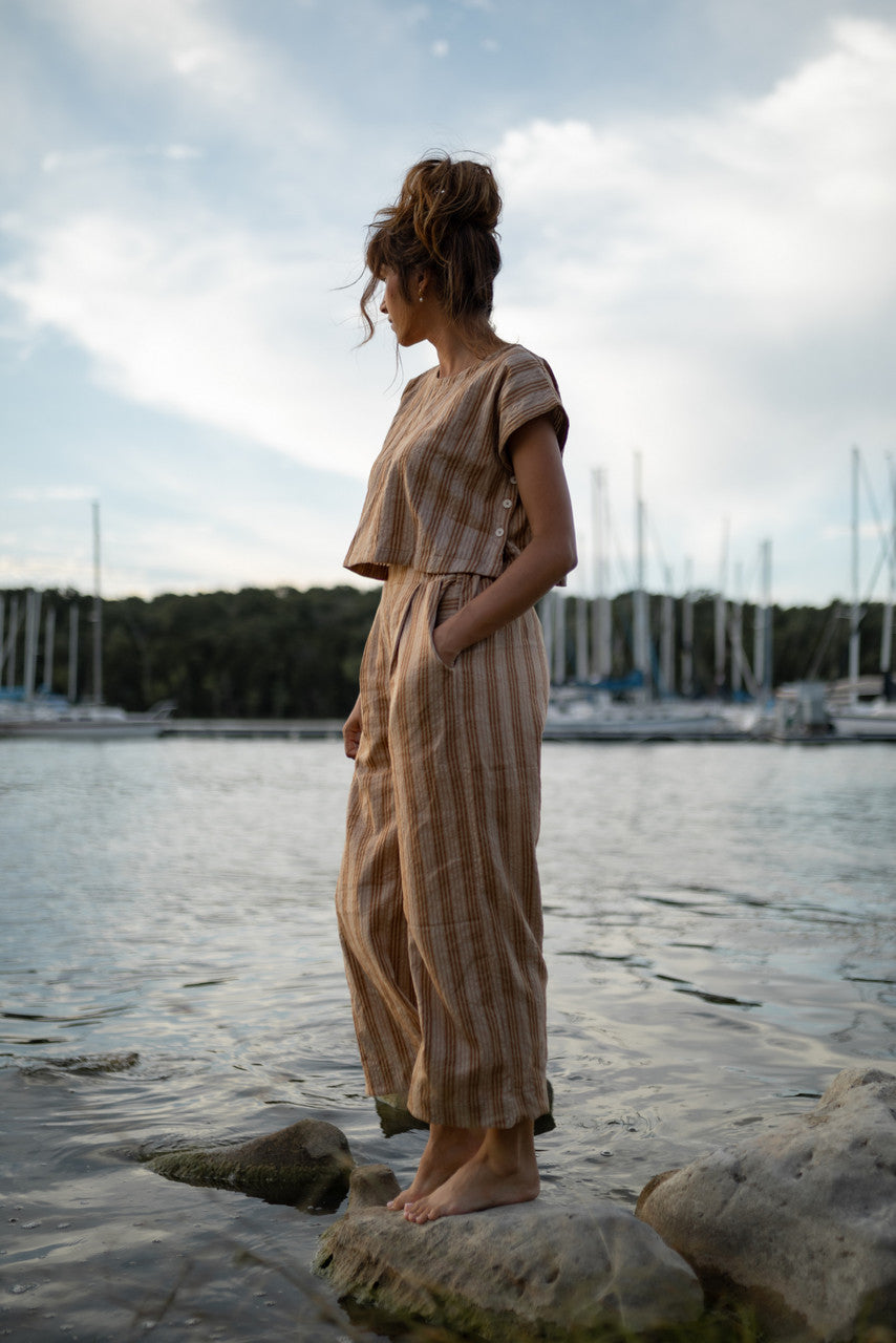 Katie Handwoven Cotton Set in Mustard and Cream Stripe - S and M Pants Left