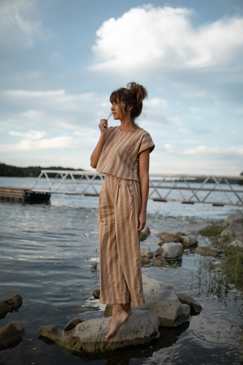 Katie Handwoven Cotton Set in Mustard and Cream Stripe - S and M Pants Left