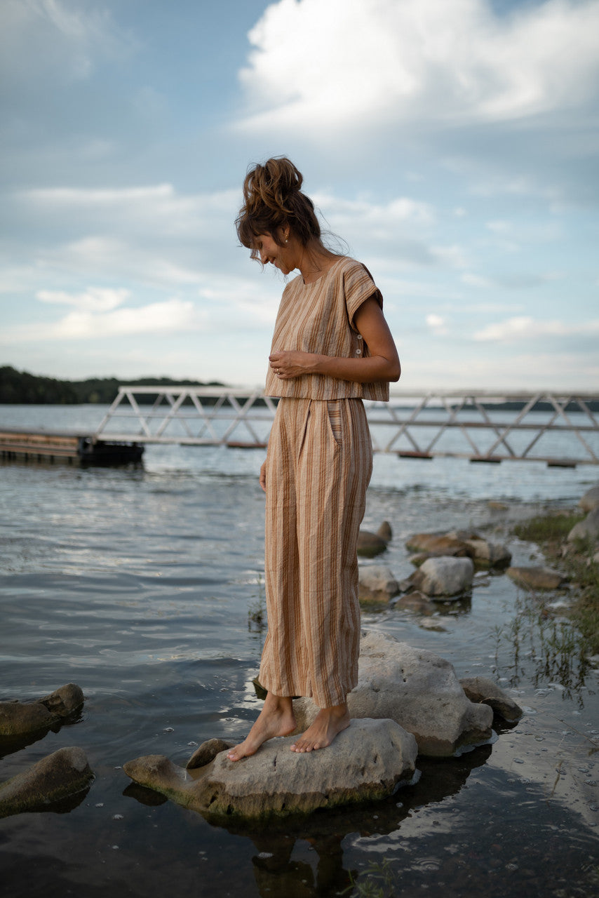 Katie Handwoven Cotton Set in Mustard and Cream Stripe - S and M Pants Left