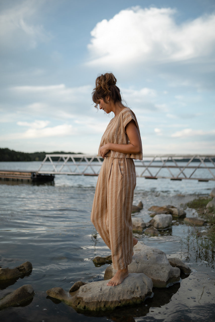Katie Handwoven Cotton Set in Mustard and Cream Stripe - S and M Pants Left