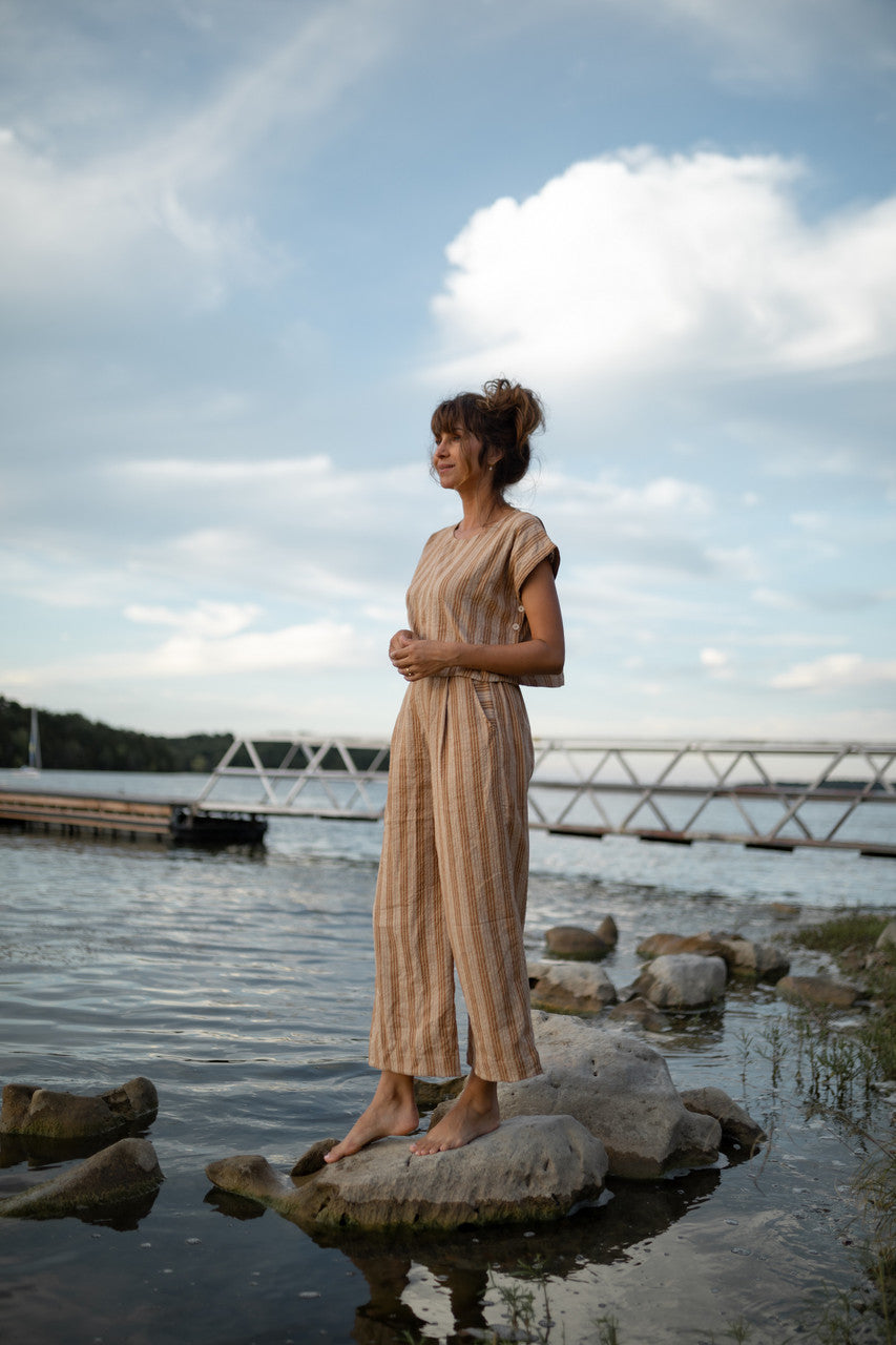 Katie Handwoven Cotton Set in Mustard and Cream Stripe - S and M Pants Left