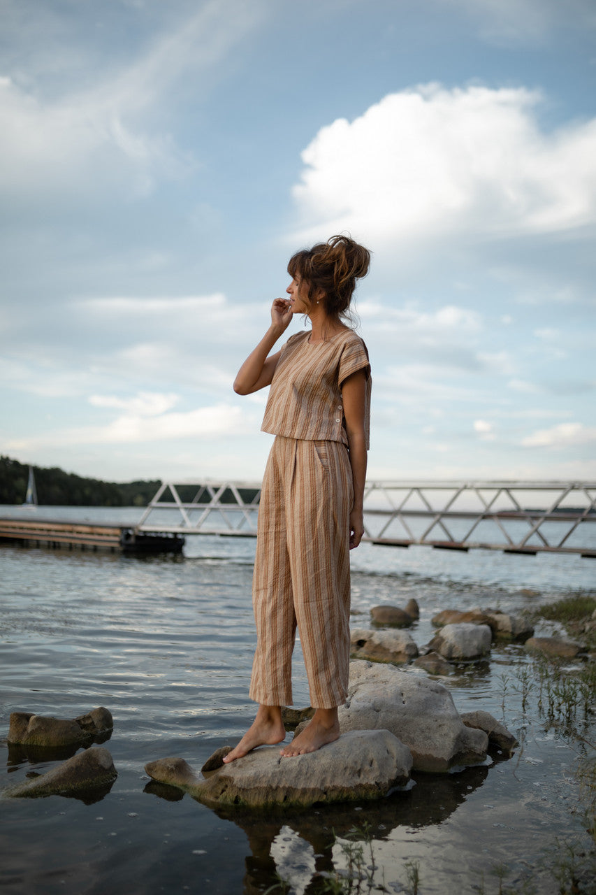 Katie Handwoven Cotton Set in Mustard and Cream Stripe - S and M Pants Left