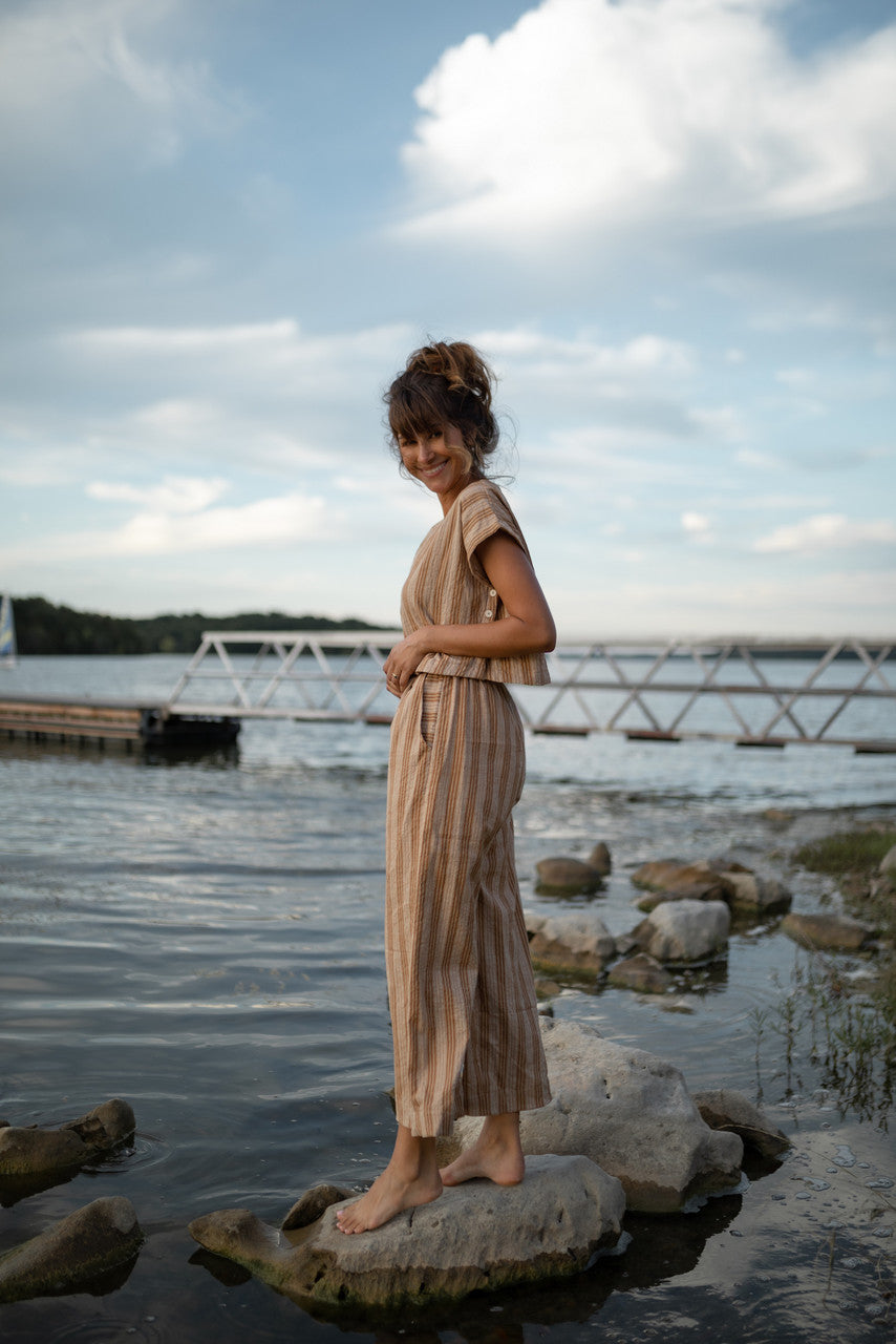 Katie Handwoven Cotton Set in Mustard and Cream Stripe - S and M Pants Left