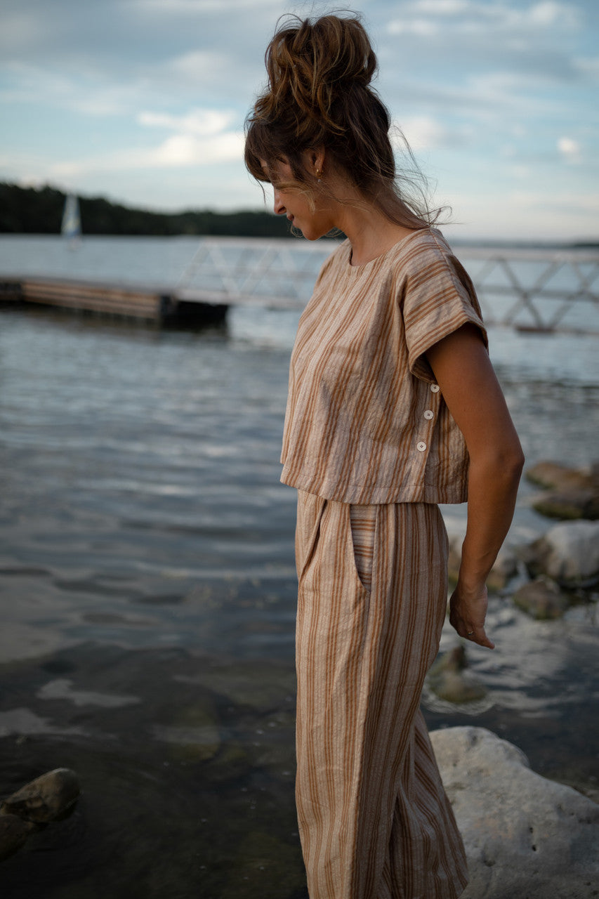 Katie Handwoven Cotton Set in Mustard and Cream Stripe - S and M Pants Left