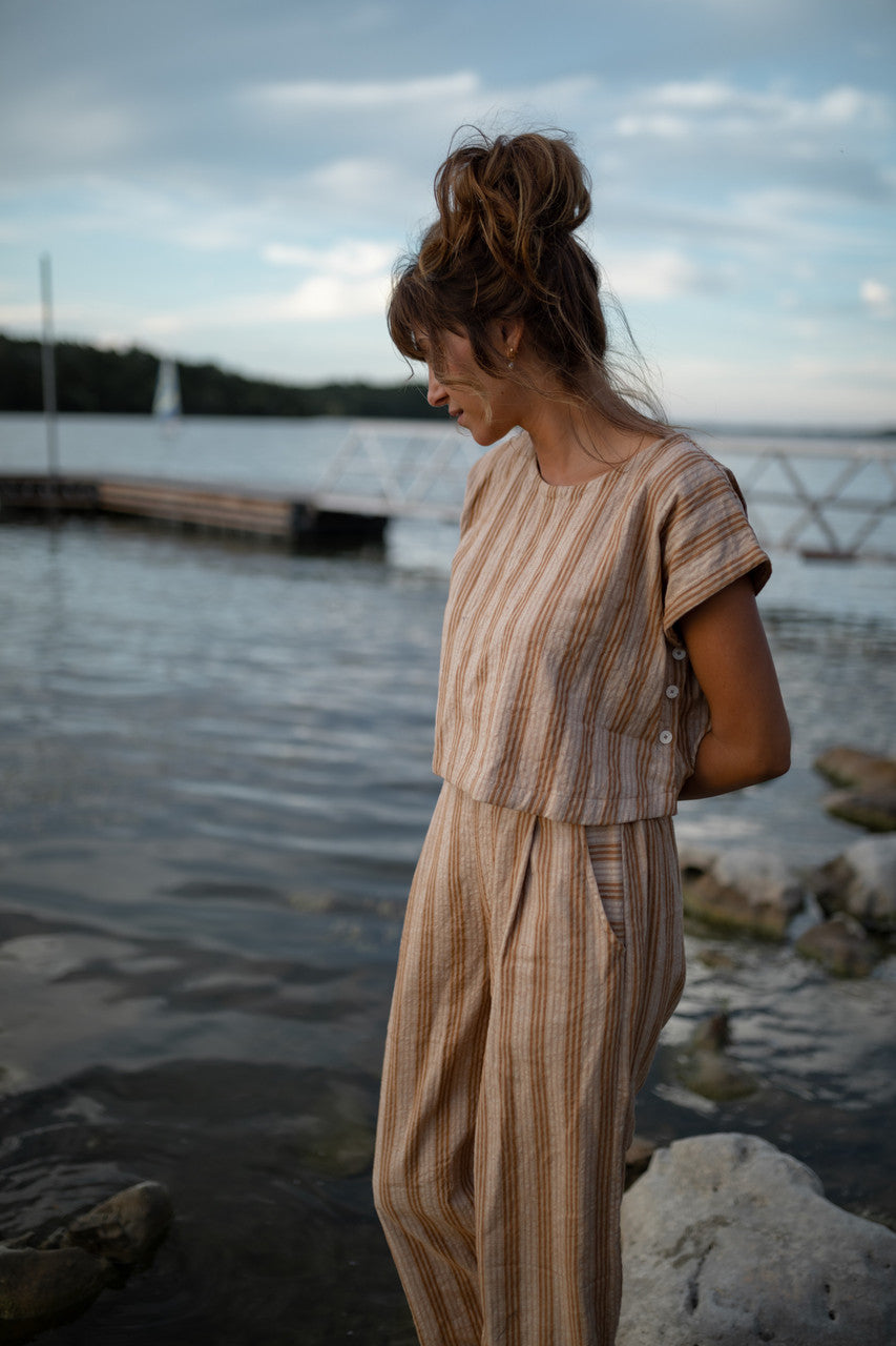 Katie Handwoven Cotton Set in Mustard and Cream Stripe - S and M Pants Left