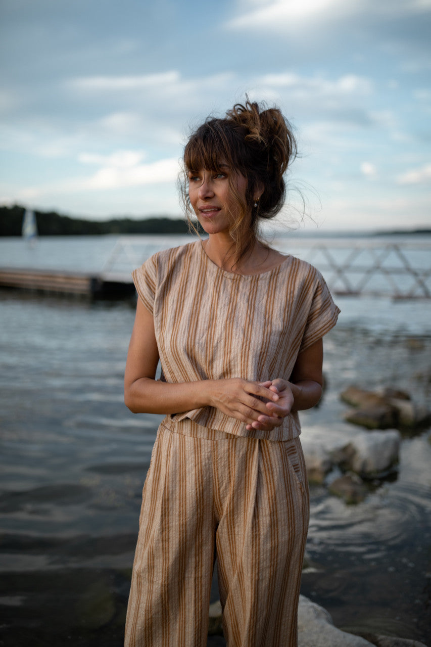 Katie Handwoven Cotton Set in Mustard and Cream Stripe - S and M Pants Left
