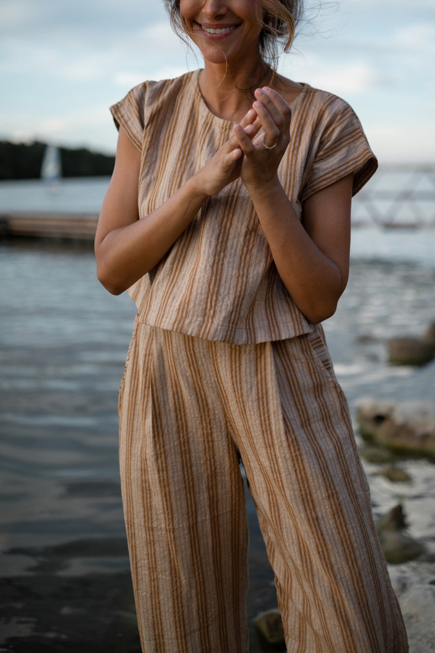 Katie Handwoven Cotton Set in Mustard and Cream Stripe - S and M Pants Left