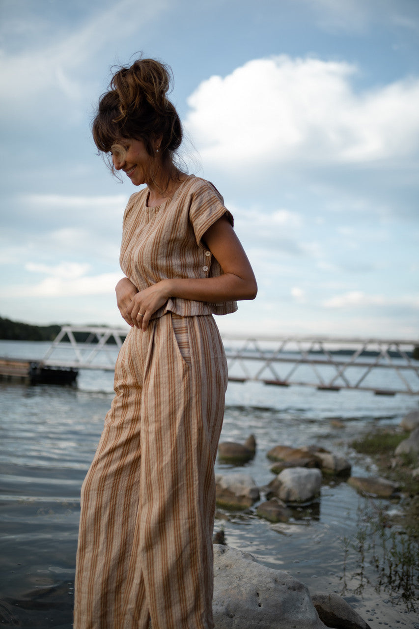 Katie Handwoven Cotton Set in Mustard and Cream Stripe - S and M Pants Left