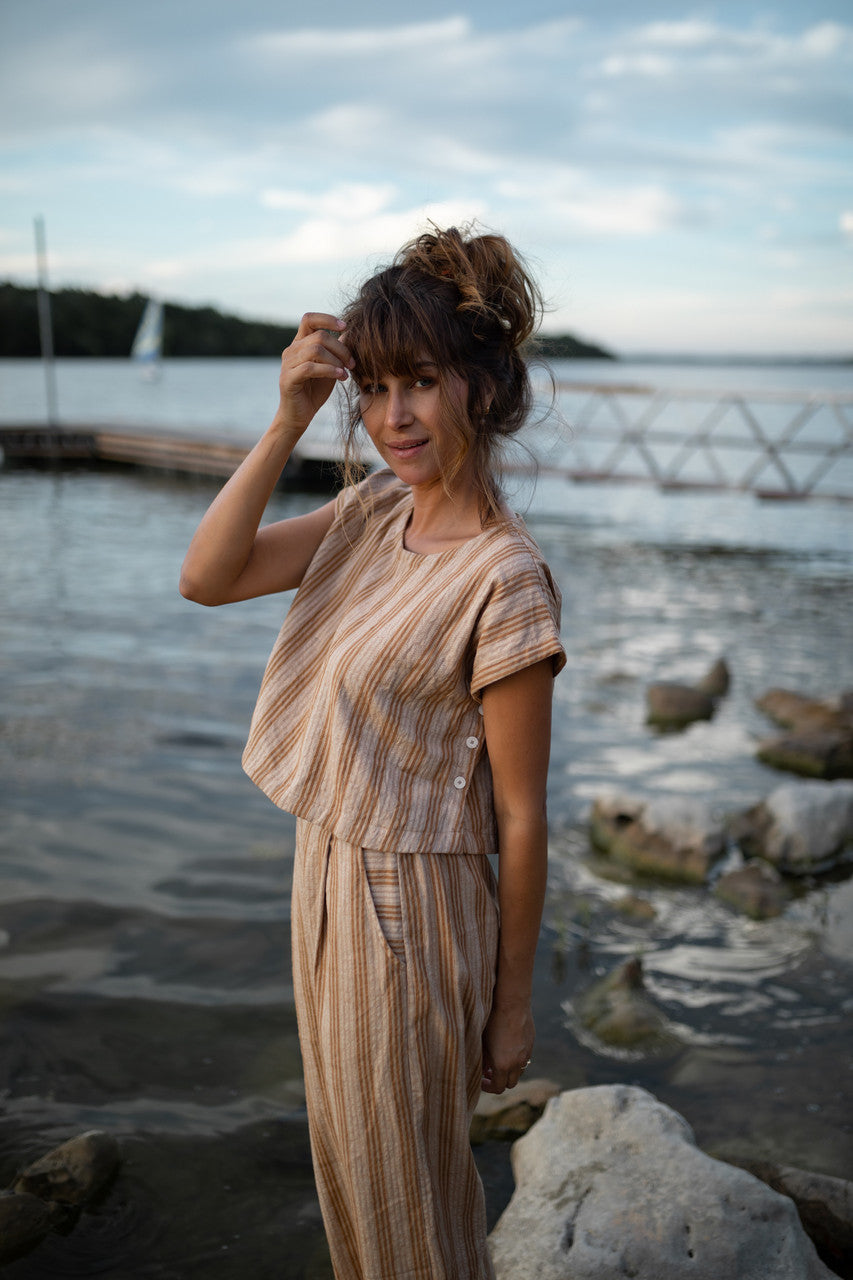 Katie Handwoven Cotton Set in Mustard and Cream Stripe - S and M Pants Left