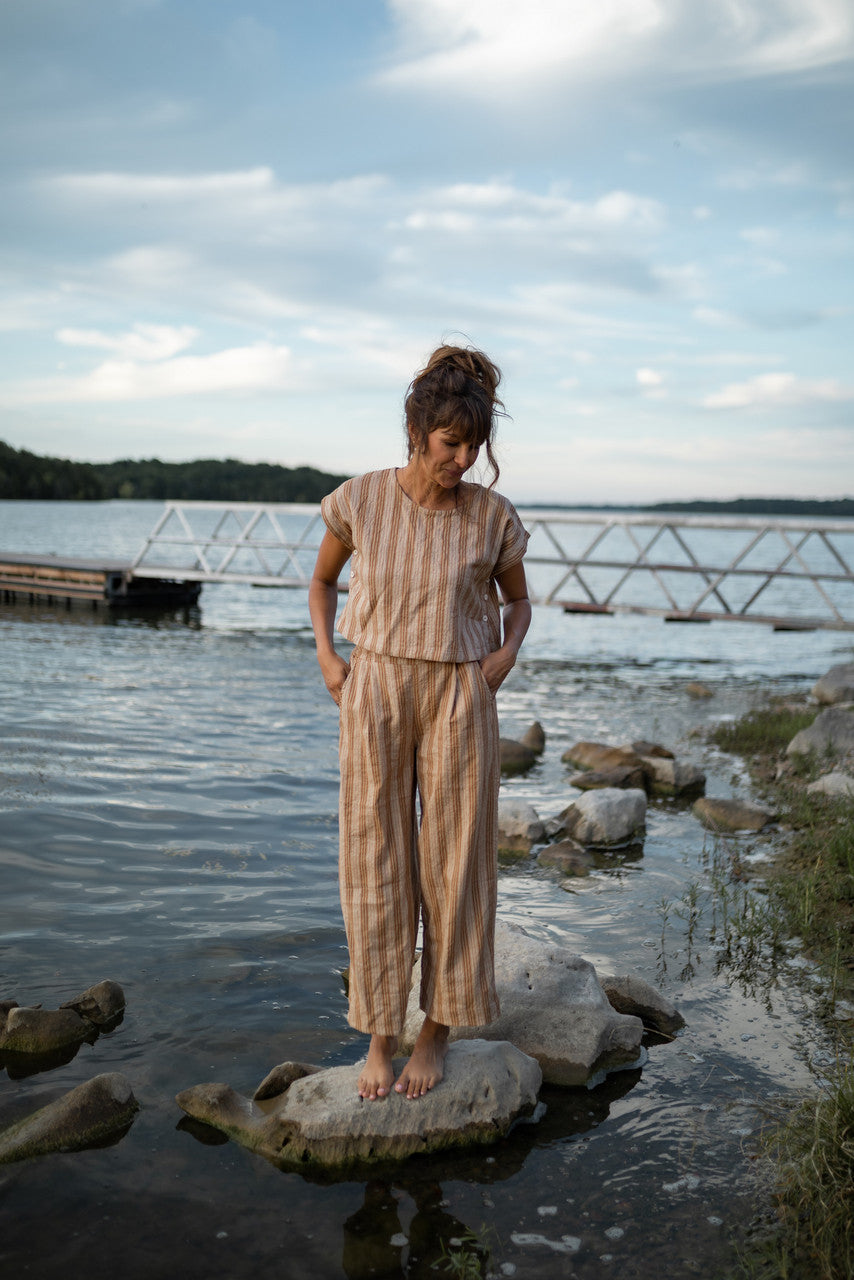 Katie Handwoven Cotton Set in Mustard and Cream Stripe - S and M Pants Left
