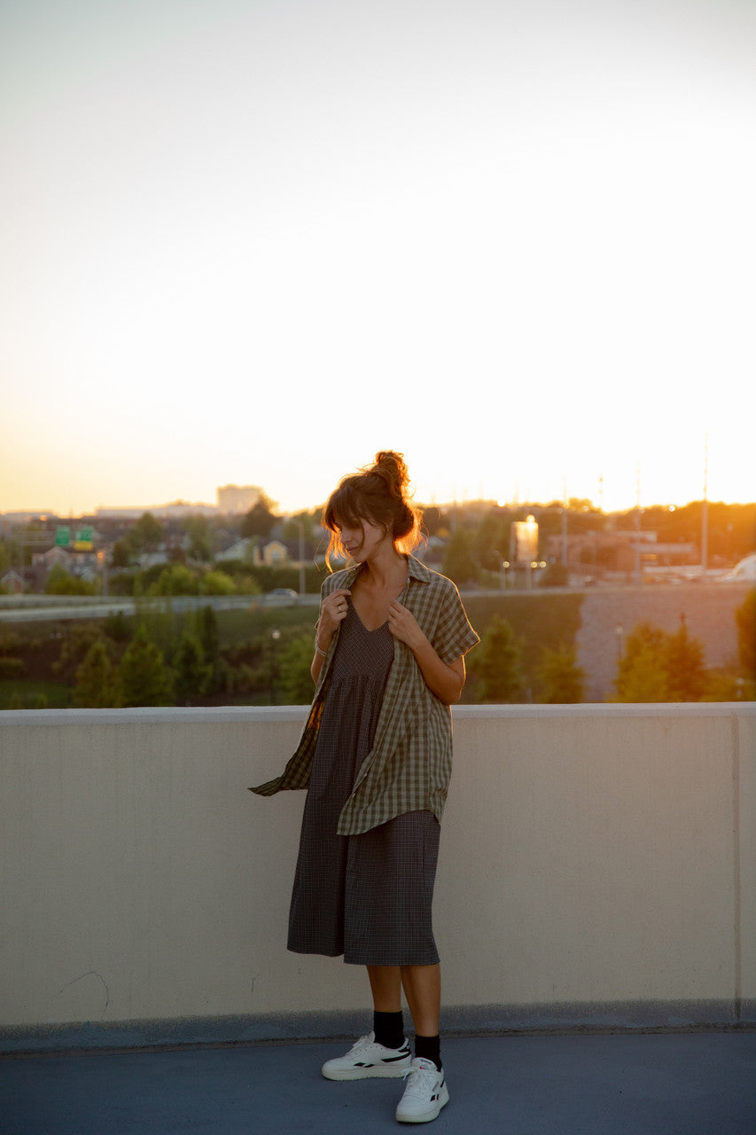 Paige Handwoven Cotton Relaxed Shirt Dress in Green Gingham - L, XL and XXL Left