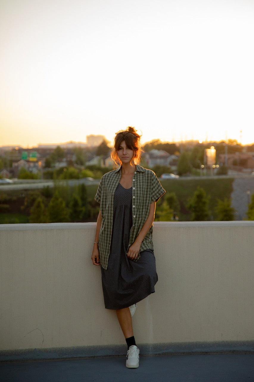 Paige Handwoven Cotton Relaxed Shirt Dress in Green Gingham - L, XL and XXL Left
