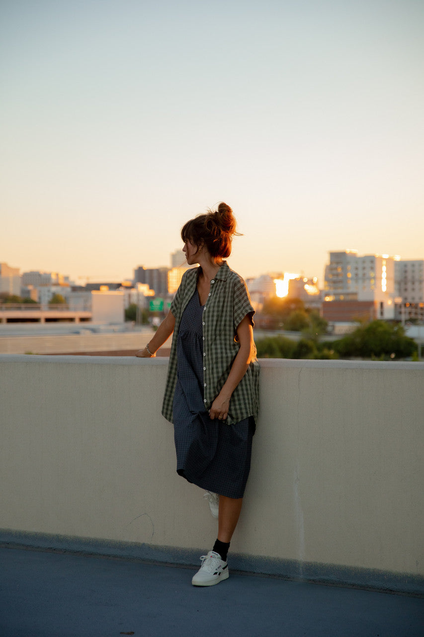 Paige Handwoven Cotton Relaxed Shirt Dress in Green Gingham - L, XL and XXL Left
