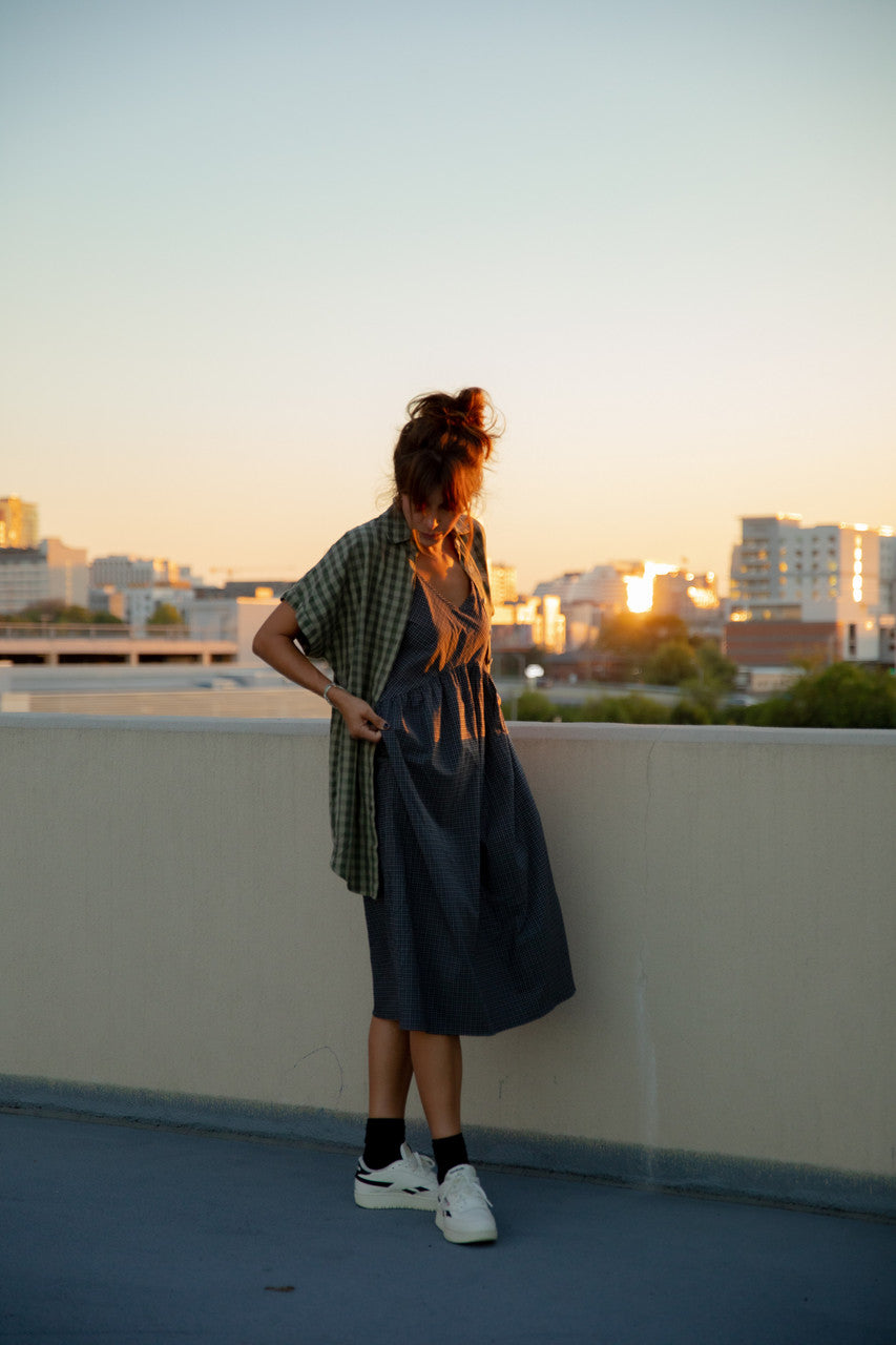 Paige Handwoven Cotton Relaxed Shirt Dress in Green Gingham - L, XL and XXL Left