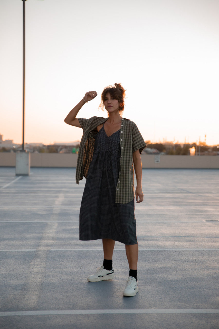 Paige Handwoven Cotton Relaxed Shirt Dress in Green Gingham - L, XL and XXL Left