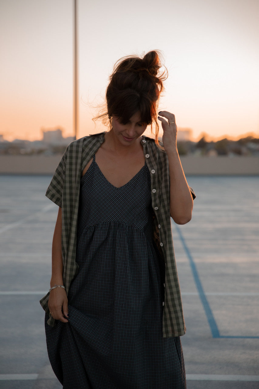 Paige Handwoven Cotton Relaxed Shirt Dress in Green Gingham - L, XL and XXL Left