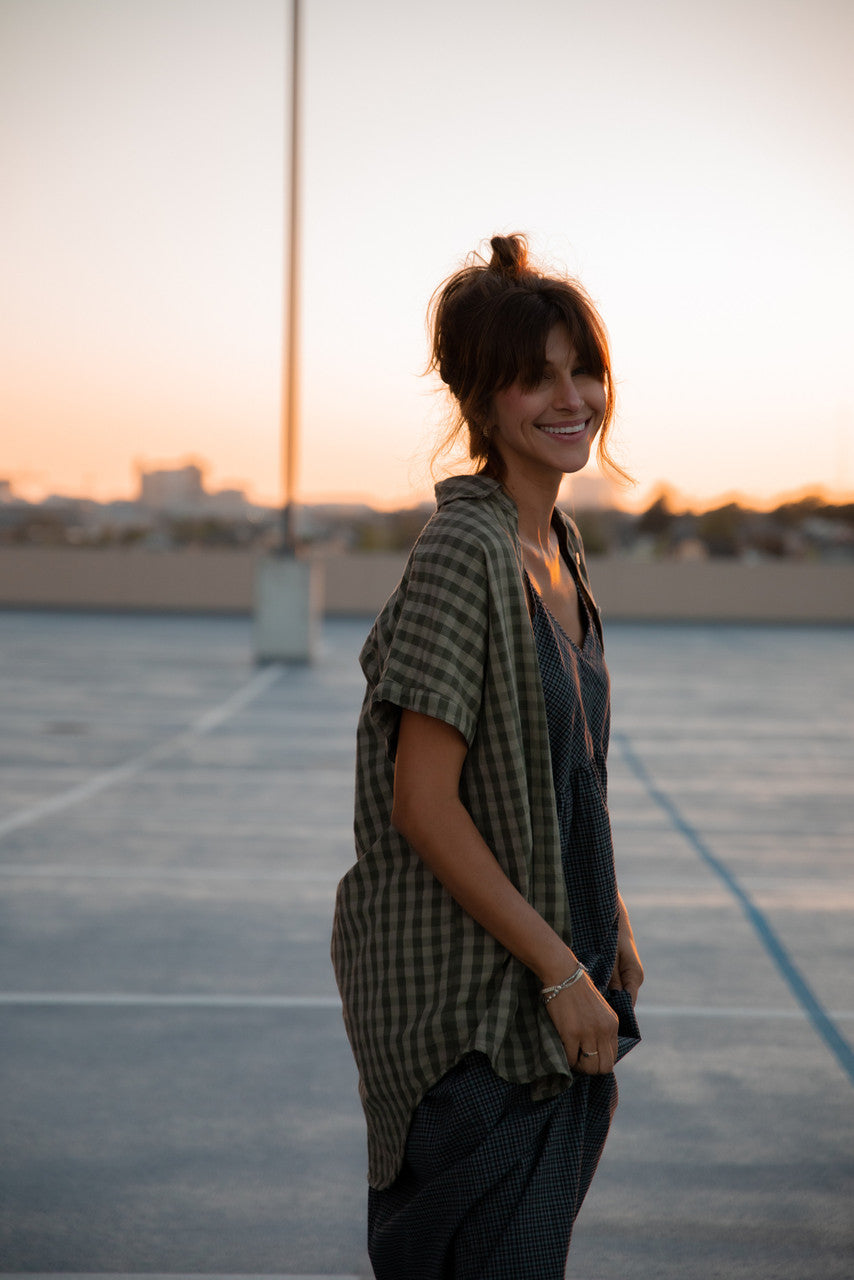 Paige Handwoven Cotton Relaxed Shirt Dress in Green Gingham - L, XL and XXL Left