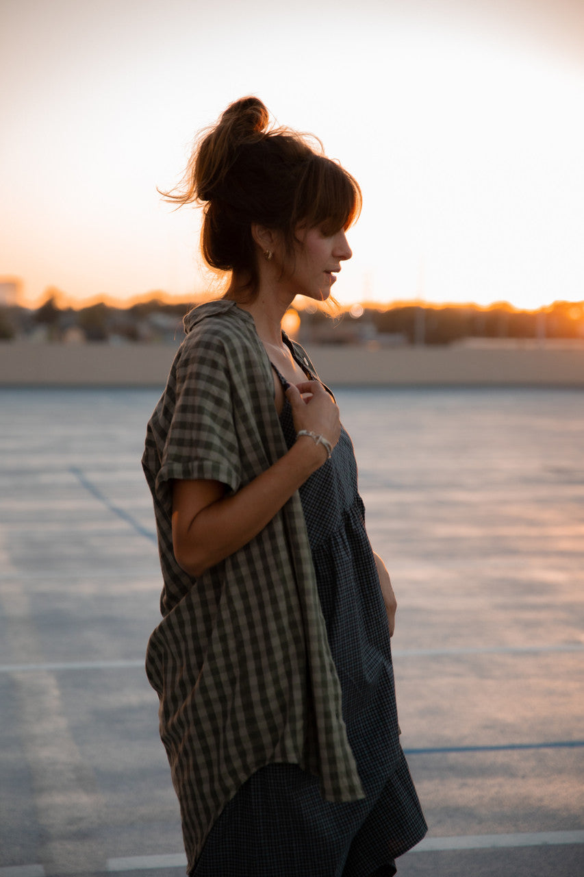 Paige Handwoven Cotton Relaxed Shirt Dress in Green Gingham - L, XL and XXL Left