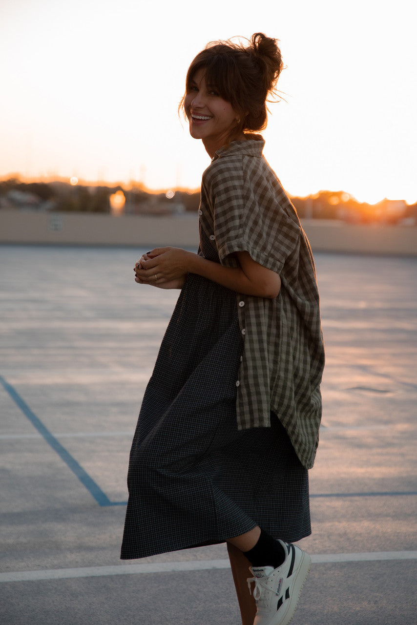 Paige Handwoven Cotton Relaxed Shirt Dress in Green Gingham - L, XL and XXL Left