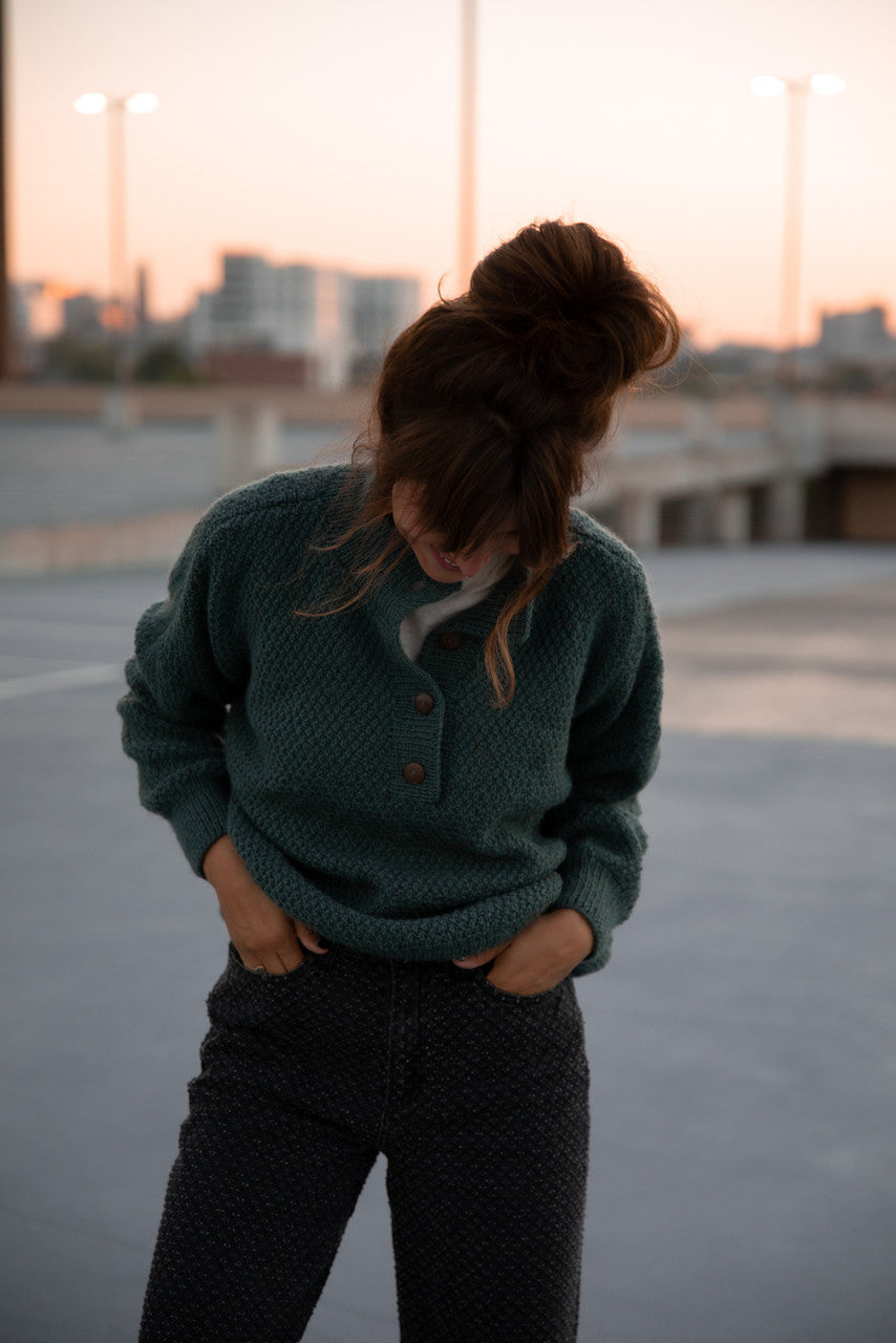 Imogene Oversized Wool Henley in Aqua Slate Made to Order