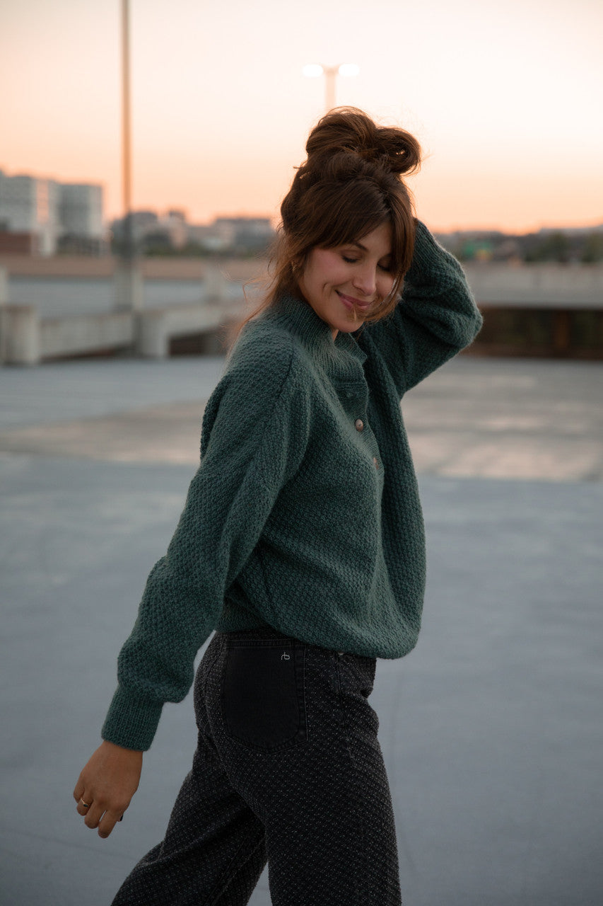 Imogene Oversized Wool Henley in Aqua Slate Made to Order
