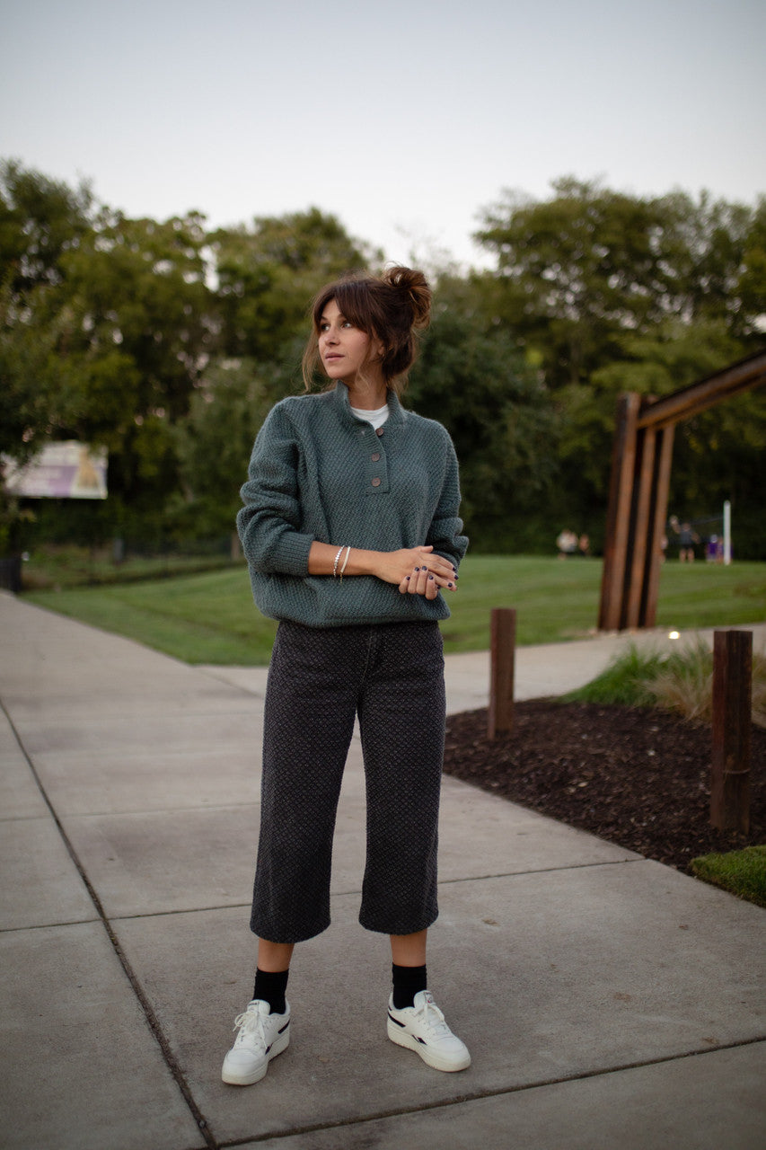 Imogene Oversized Wool Henley in Aqua Slate Made to Order