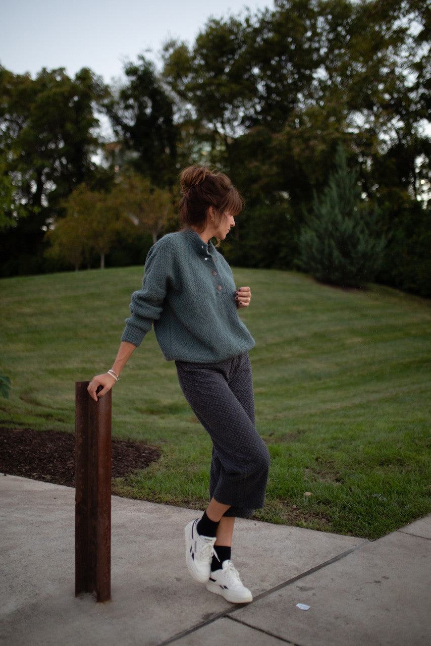 Imogene Oversized Wool Henley in Aqua Slate Made to Order