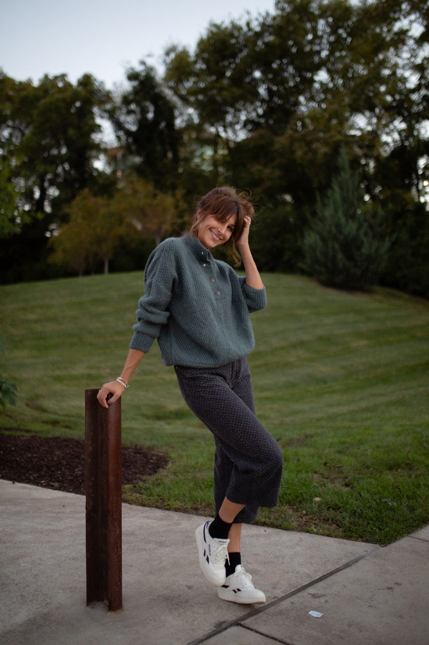 Imogene Oversized Wool Henley in Aqua Slate Made to Order