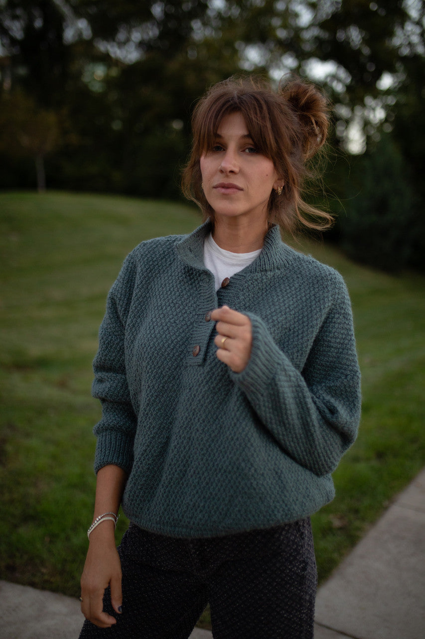 Imogene Oversized Wool Henley in Aqua Slate Made to Order