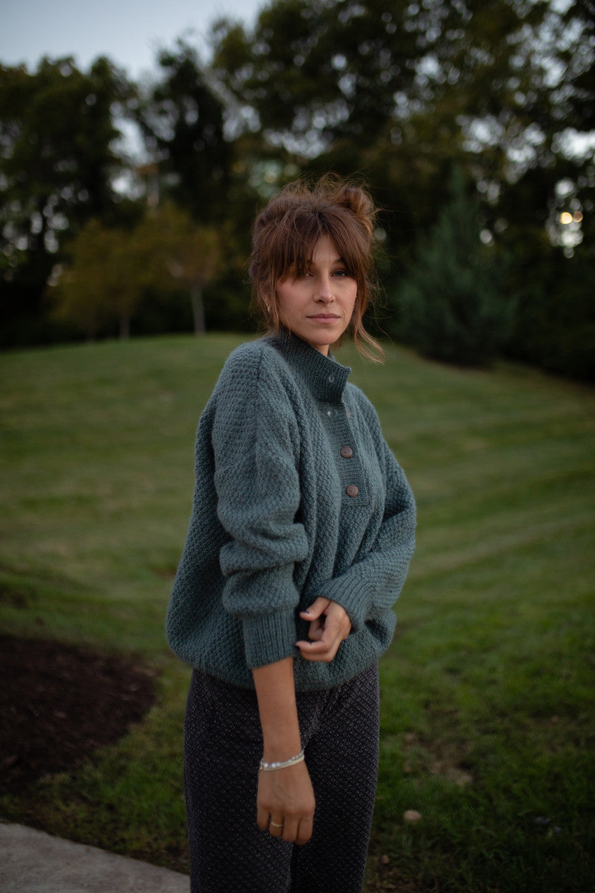 Imogene Oversized Wool Henley in Aqua Slate Made to Order