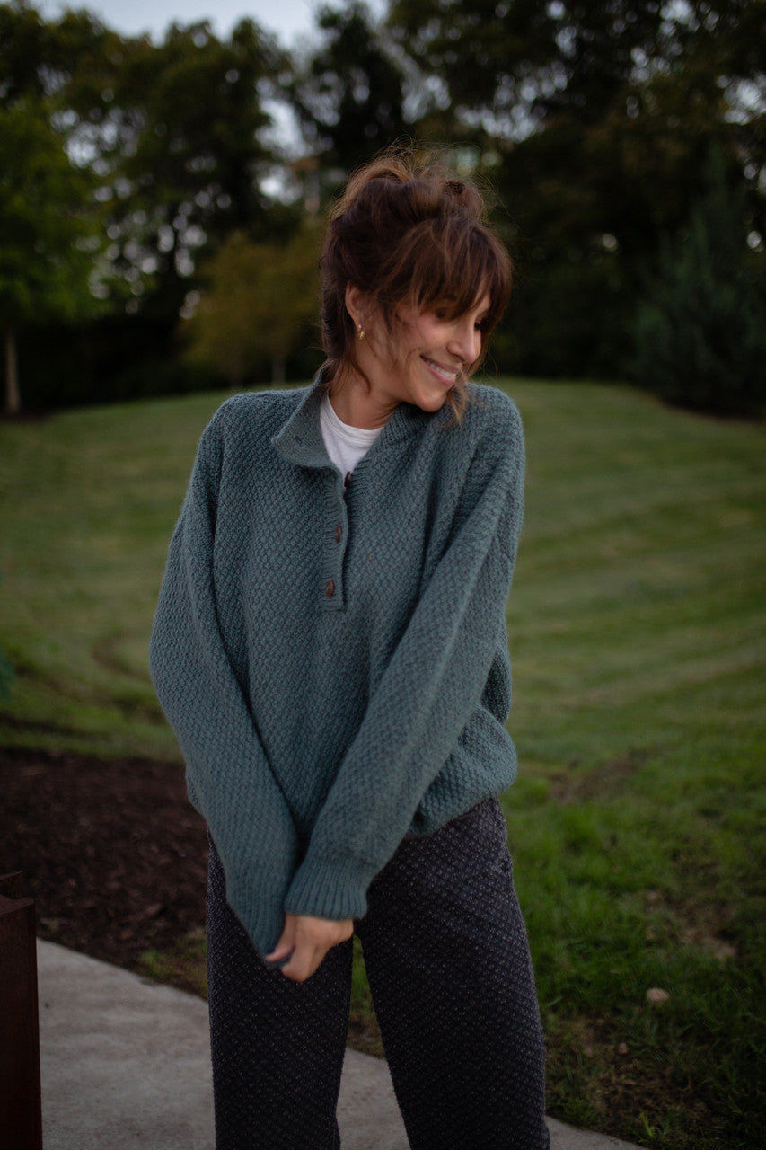 Imogene Oversized Wool Henley in Aqua Slate Made to Order