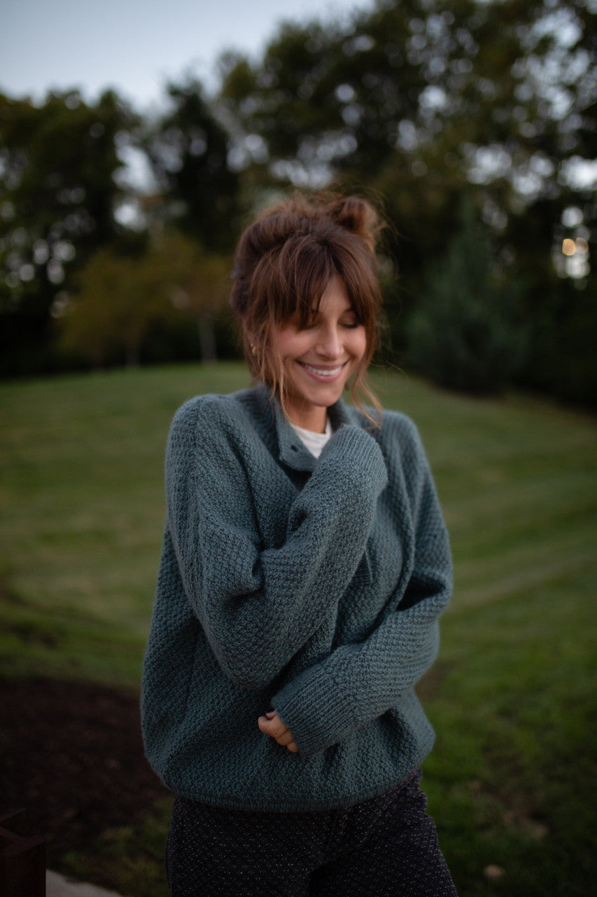 Imogene Oversized Wool Henley in Aqua Slate Made to Order