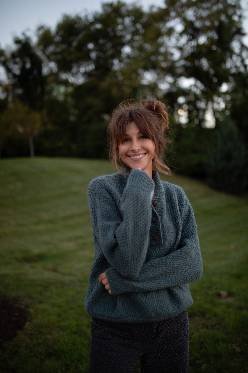 Imogene Oversized Wool Henley in Aqua Slate Made to Order