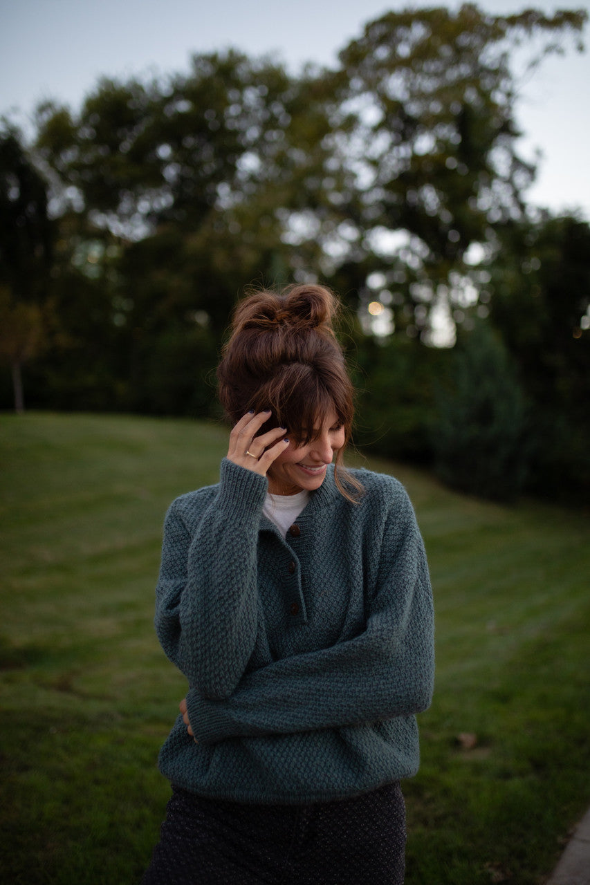 Imogene Oversized Wool Henley in Aqua Slate Made to Order