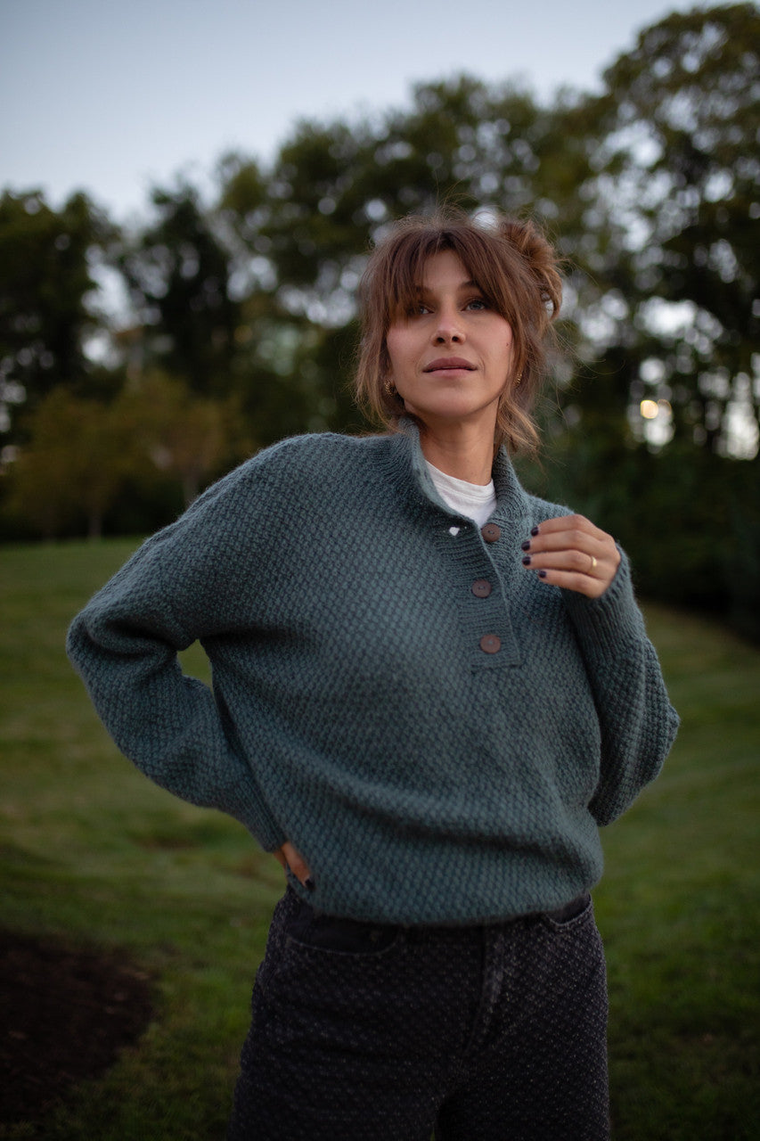 Imogene Oversized Wool Henley in Aqua Slate Made to Order