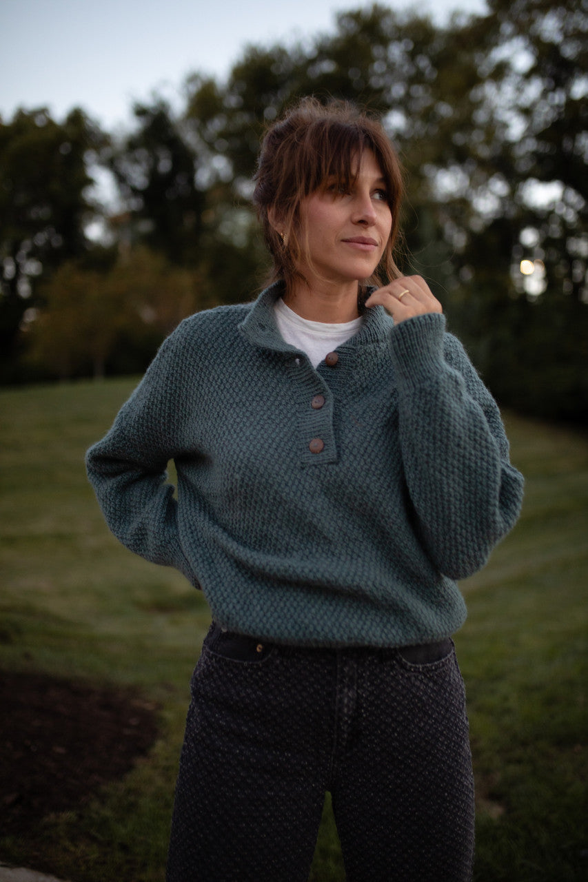 Imogene Oversized Wool Henley in Aqua Slate Made to Order