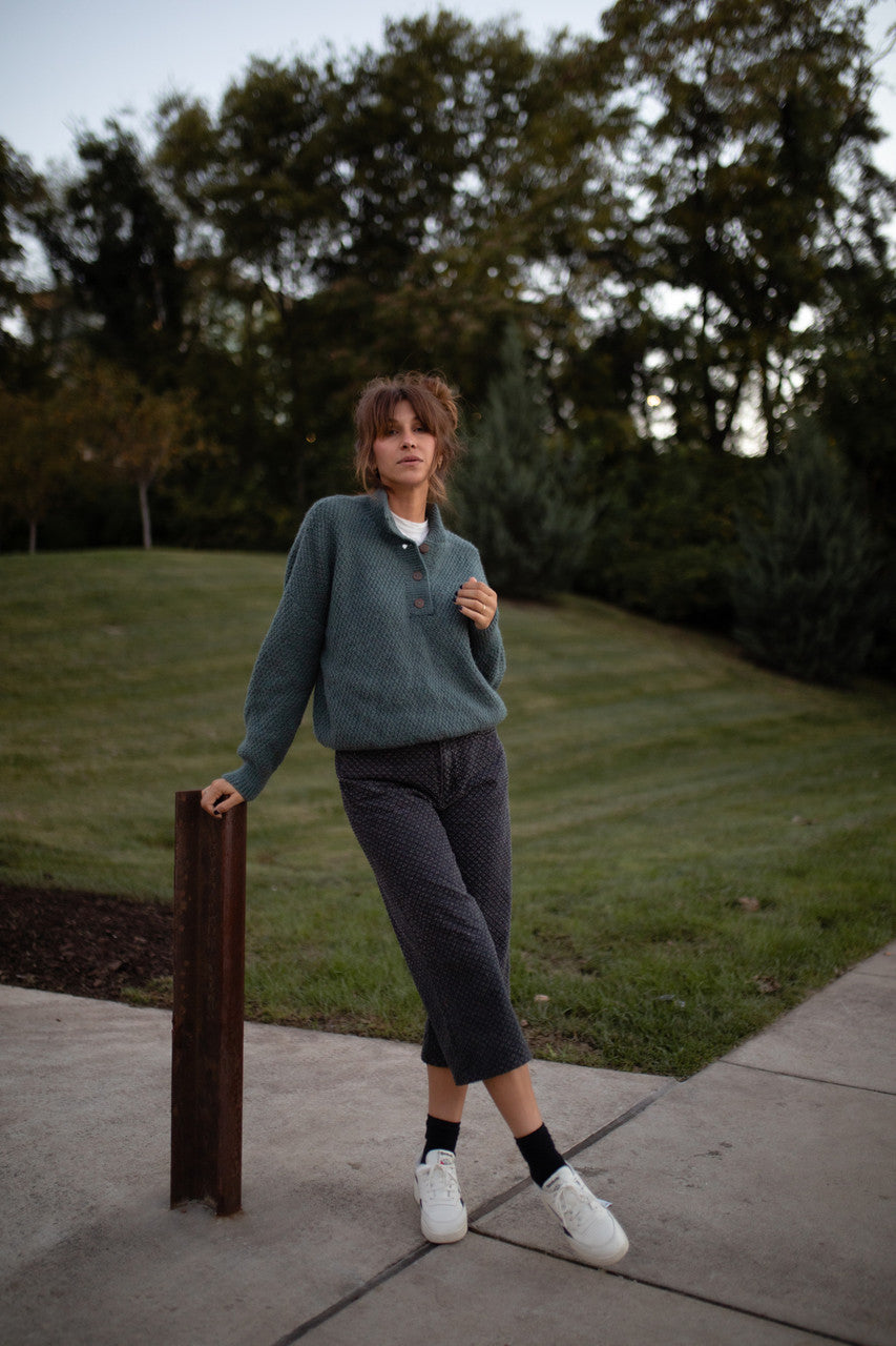 Imogene Oversized Wool Henley in Aqua Slate Made to Order