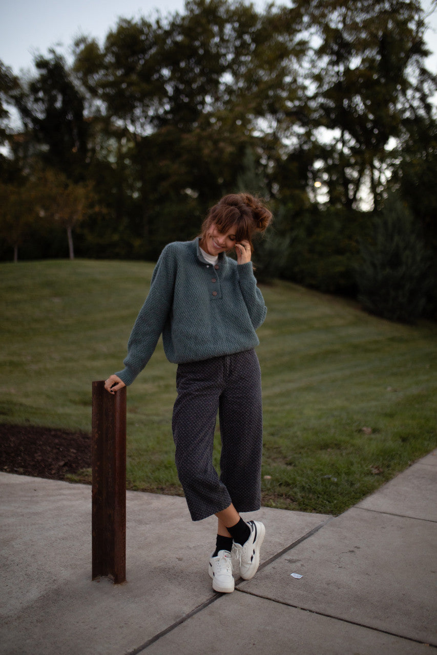 Imogene Oversized Wool Henley in Aqua Slate Made to Order