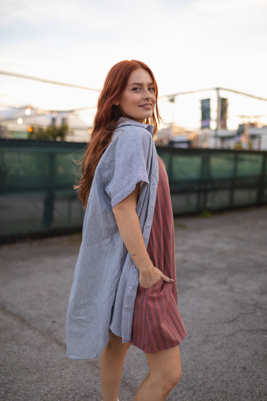 Paige Handwoven Cotton Relaxed Shirt Dress in Blue and White Pin-Stripe Made to Order