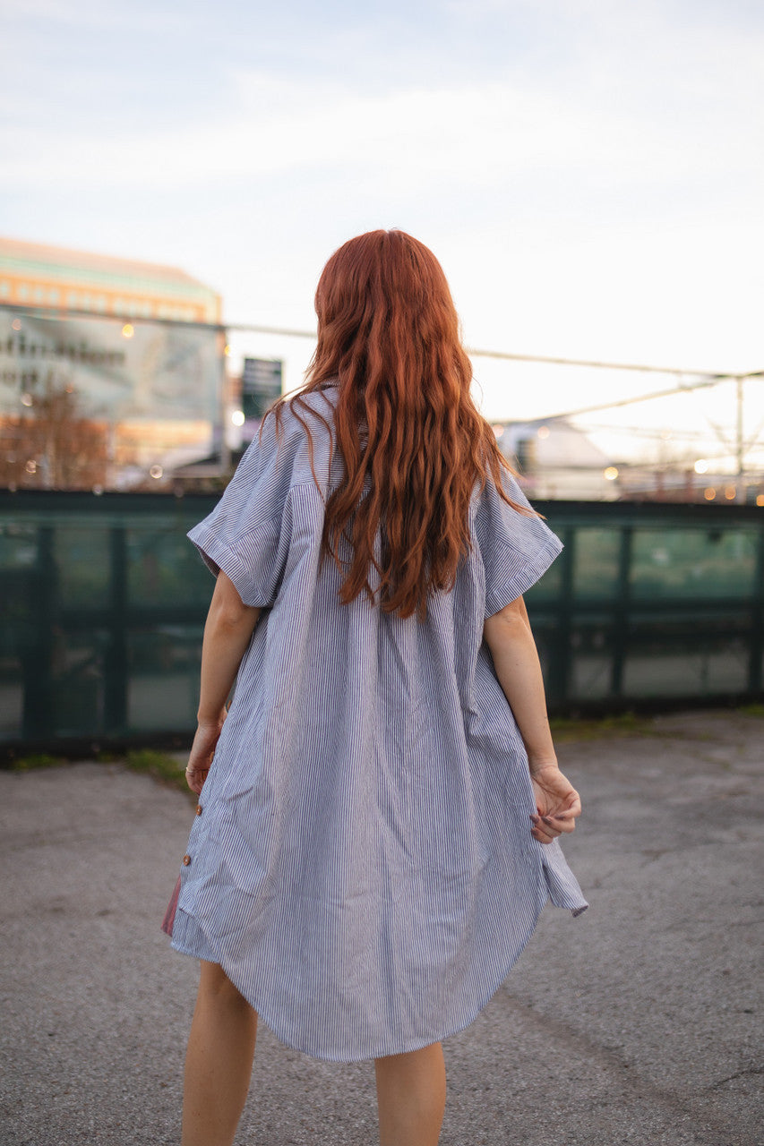 Paige Handwoven Cotton Relaxed Shirt Dress in Blue and White Pin-Stripe Made to Order