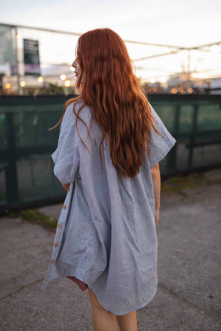Paige Handwoven Cotton Relaxed Shirt Dress in Blue and White Pin-Stripe Made to Order