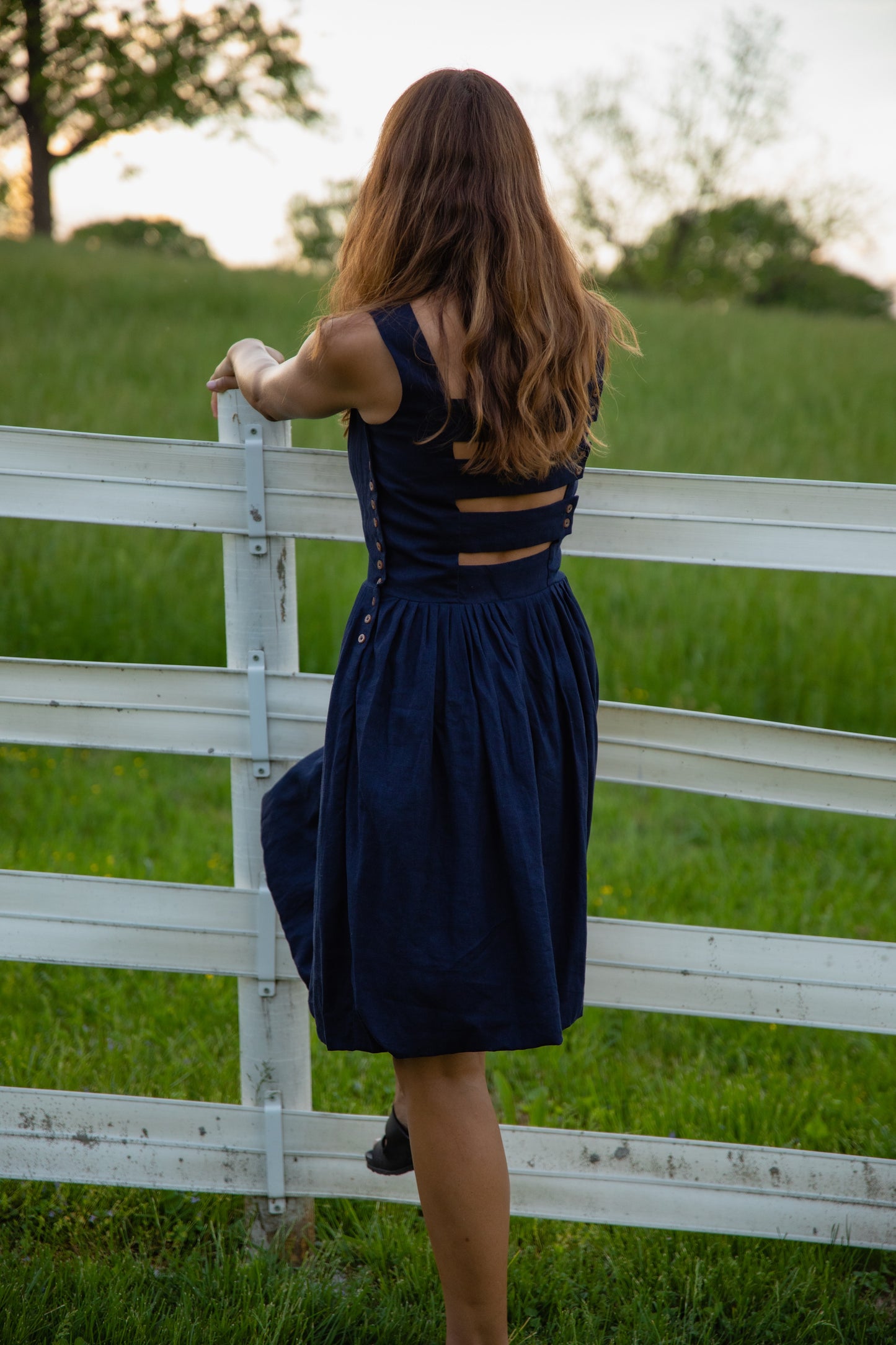Lucy Dress in Navy and Chambray Linen