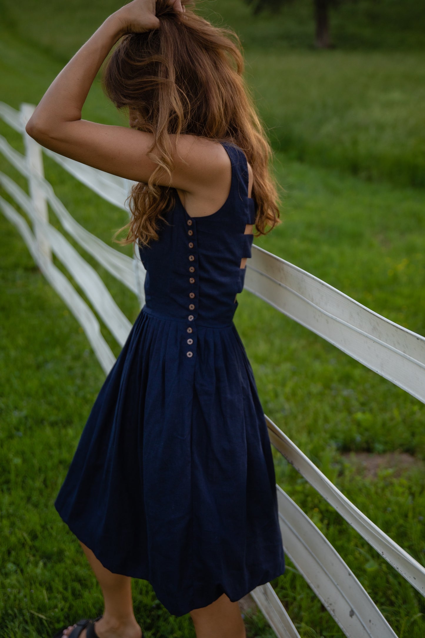 Lucy Dress in Navy and Chambray Linen