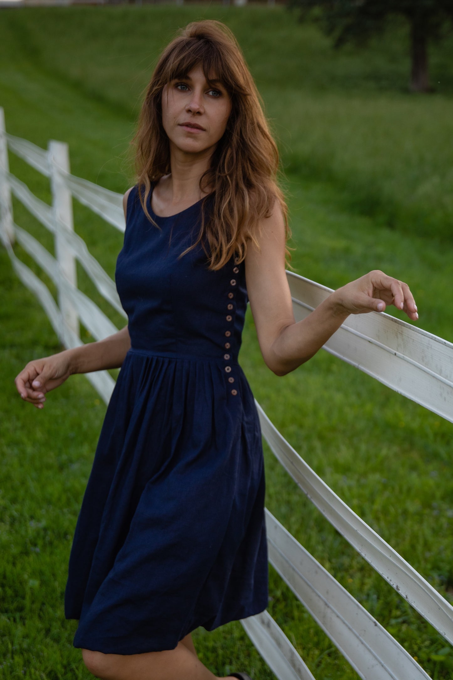 Lucy Dress in Navy and Chambray Linen