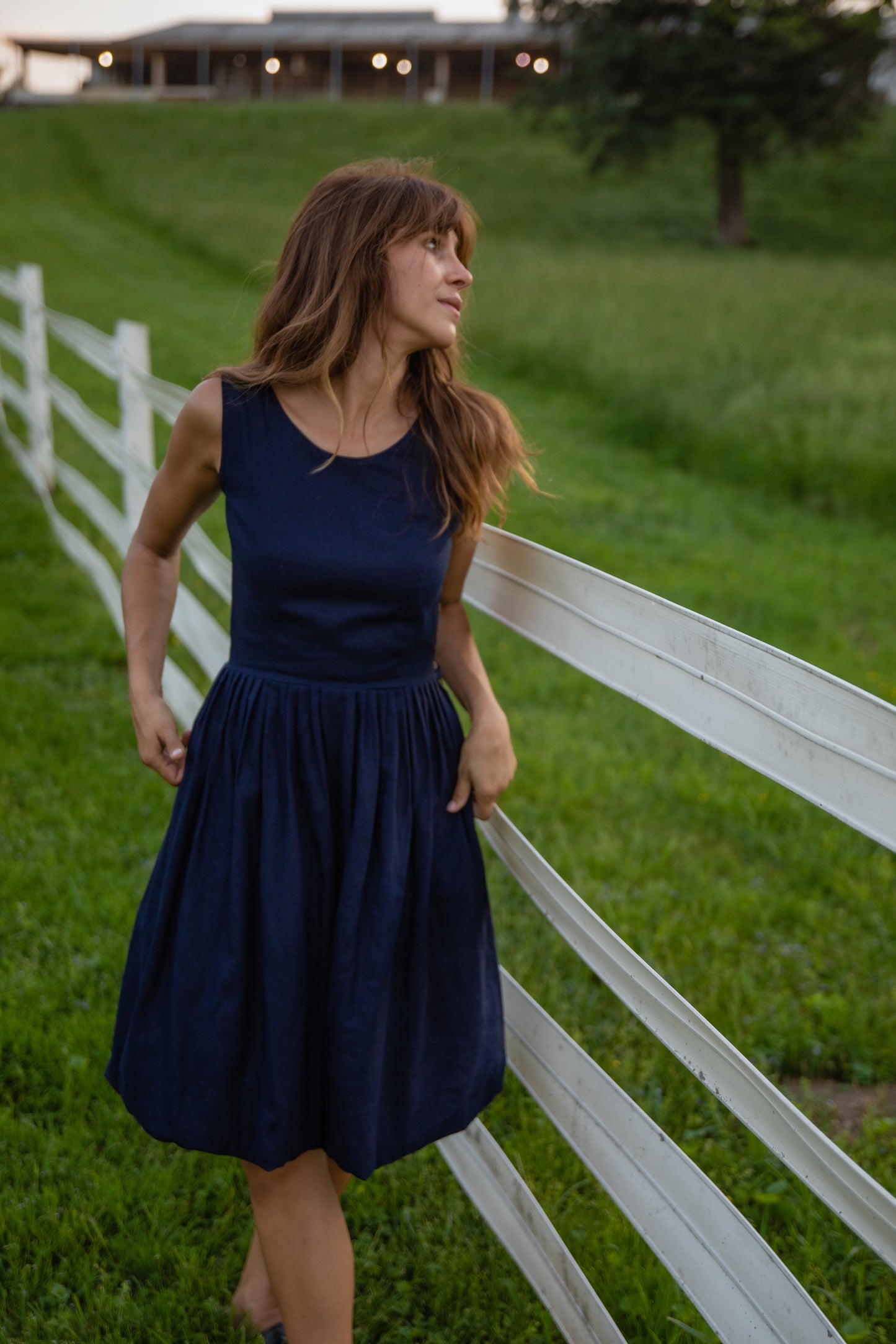 Lucy Dress in Navy and Chambray Linen